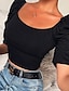 voordelige Dames eenvoudige tops-T-shirt Dames Zwart Geel Blozend Roze Effen Kleur Met ruches Straat Dagelijks Modieus Vierkante hals Normale pasvorm S