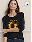 billiga T-shirts för damer-Dam T-shirt 100 % bomull Blommig Solros Mönster Ledigt Dagligen Klassisk Tryck Långärmad Rund hals Svart Alla årstider