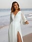 cheap Wedding Dresses-Beach Little White Dresses Wedding Dresses A-Line V Neck Long Sleeve Tea Length Chiffon Bridal Gowns With Pleats Solid Color 2024