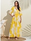 baratos vestido casual estampado-vestido de praia com espartilho estampado de flor amarela e cetim