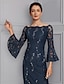 cheap Mother of the Bride Dresses-Two Piece Sheath / Column Mother of the Bride Dress Formal Wedding Guest Elegant Party Off Shoulder Knee Length Chiffon Lace Imitated Silk 3/4 Length Sleeve with Bow(s) 2024