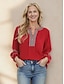 cheap Women&#039;s Blouses &amp; Shirts-Women&#039;s Tunic Designer Shirt Color Block Striped Embroidered Christmas New Year Work Bohemian Style Mature Long Sleeve V Neck Red Spring &amp;  Fall