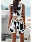 cheap Women&#039;s Two Piece Sets-Women Bolero Top Geometric Color Block Letter Patchwork Vacation Weekend Vacation Daily Sleeveless Square Neck Black Spring &amp; Summer