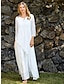 cheap Plain Dresses-Women&#039;s White Cotton Linen Maxi Dress Sundress Swing Dress V-Neck Button 3/4 Sleeve Layered Loose Fit Casual Summer Spring 2024