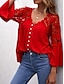 preiswerte Basic-Damenoberteile-Hemd Spitzenhemd Bluse Öse oben Damen Schwarz Weiß Rote Feste Farbe Spitze Taste Strasse Täglich Modisch V Ausschnitt S