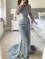 Χαμηλού Κόστους Βραδινά Φορέματα-Τρομπέτα / Γοργόνα Βραδινά φορέματα Κομψό Φόρεμα Επίσημο Ουρά Μακρυμάνικο Ζιβάγκο Σατέν με Λεπτομέρεια με πέρλα Πούλιες 2024