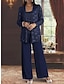 cheap Mother of the Bride Pantsuits-Jumpsuit / Pantsuit 3 Piece Mother of the Bride Dress Wedding Guest Grandmother Elegant Scoop Neck Floor Length Chiffon Lace Sleeveless Wrap Included with Sequin 2024