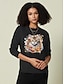 Χαμηλού Κόστους Γυναικεία T-Shirts-Γυναικεία Μπλουζάκι 100% Βαμβάκι Φλοράλ Ζώο Γάτα Σπίτι Causal Καθημερινά Μαύρο Μακρυμάνικο Στάμπα Στρογγυλή Λαιμόκοψη Όλες οι εποχές