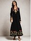 cheap Print Dresses-Women&#039;s Black Dress Floral Vintage Embroidered V Neck Maxi Dress Bohemia Vatcation A Line Long Sleeve Loose Fit Summer Spring