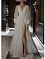 cheap Wedding Dresses-Beach Wedding Dresses A-Line V Neck Long Sleeve Floor Length Sequined Bridal Gowns With Solid Color 2024