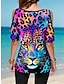 billige T-skjorter til kvinner-Dame T skjorte Leopard Daglig Helg Utskjæring Trykt mønster Blå Kortermet Mote Crew-hals Sommer