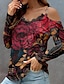 cheap Women&#039;s Blouses &amp; Shirts-Women&#039;s Shirt Blouse Floral Print Lace Trims Casual Holiday Fashion Cold Shoulder Long Sleeve Off Shoulder Red Spring &amp;  Fall