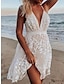 Недорогие простые платья-Жен. Белое платье Мини-платье с рукавом Свидание Отпуск Пляж Богемия На бретелях Без рукавов Белый Цвет