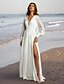 cheap Wedding Dresses-Beach Little White Dresses Wedding Dresses A-Line V Neck Long Sleeve Tea Length Chiffon Bridal Gowns With Pleats Solid Color 2024