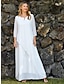 cheap Plain Dresses-Women&#039;s White Cotton Linen Maxi Dress Sundress Swing Dress V-Neck Button 3/4 Sleeve Layered Loose Fit Casual Summer Spring 2024