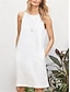 Χαμηλού Κόστους απλά φορέματα-Γυναικεία Λευκό φόρεμα Μίντι φόρεμα Λινό Τσέπη Διακοπές Βασικό Στρογγυλή Ψηλή Λαιμόκοψη Αμάνικο Λευκό Ανθισμένο Ροζ Μπορντώ Χρώμα