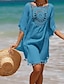 tanie proste sukienki-Damskie Letnie sukienki Frędzel Z wycięciem Stroje plażowe Święto Krótkie rękawy Czarny Biały Niebieski Kolor