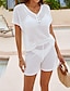 cheap Basic Women&#039;s Tops-Eyelet top Set Women&#039;s White Solid Color Button Street Daily Fashion V Neck Regular Fit S