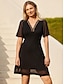 billige ensfargede kjoler-kvinners svart kjole minikjole modal blonder lappeteppe date elegant basic v-hals kort, gjennomsiktig ermet flutter-erme vårsommer
