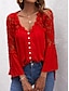 preiswerte Basic-Damenoberteile-Hemd Spitzenhemd Bluse Öse oben Damen Schwarz Weiß Rote Feste Farbe Spitze Taste Strasse Täglich Modisch V Ausschnitt S