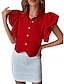 baratos Tops básicos de mulher-Camisa Social Blusa Mulheres Vermelho Azul Fúcsia Côr Sólida Botão Rua Diário Moda Colarinho de Camisa S