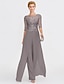 cheap Mother of the Bride Dresses-Two Piece Jumpsuit / Pantsuit Mother of the Bride Dress Formal Wedding Guest Elegant Wrap Included Bateau Neck Floor Length Chiffon 3/4 Length Sleeve with Appliques 2024