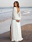 cheap Wedding Dresses-Beach Little White Dresses Wedding Dresses A-Line V Neck Long Sleeve Tea Length Chiffon Bridal Gowns With Pleats Solid Color 2024