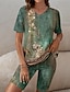 preiswerte Zweiteilige Anzüge für Damen-Damen T Shirt Shorts-Sets Blumen Casual Bedruckt Hellgrün Kurzarm Modisch V Ausschnitt Sommer