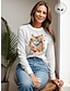 Χαμηλού Κόστους Γυναικεία T-Shirts-Γυναικεία Μπλουζάκι 100% Βαμβάκι Φλοράλ Ζώο Γάτα Σπίτι Causal Καθημερινά Στάμπα Μακρυμάνικο Στρογγυλή Λαιμόκοψη Μαύρο Όλες οι εποχές