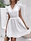 Χαμηλού Κόστους απλά φορέματα-Γυναικεία Λευκό φόρεμα Μίνι φόρεμα Βαμβάκι Δαντέλα Με Βολάν Ημερομηνία Κομψό στυλ street Λαιμόκοψη V Αμάνικο Λευκό Χρώμα