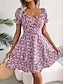 cheap Print Dresses-Women&#039;s Chiffon Casual Dress Floral Print V Neck Mini Dress Vacation Short Sleeve Summer