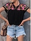 preiswerte Blusen und Hemden für Damen-Damen Hemd Bluse Blumen mit Schnürung Bestickt Casual Modisch Boho Kurzarm Rundhalsausschnitt Schwarz Sommer