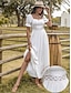 cheap Design Cotton &amp; Linen Dresses-Women&#039;s White Dress Maxi Western Dress Cotton Lace Hollow Out Solid Vacation Square Neck Short Sleeve Puff Sleeve Summer White