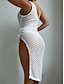 cheap Plain Dresses-Women&#039;s White Dress Midi Dress Hollow Out Split Vacation Beach Sexy One Shoulder Sleeveless Black White Color