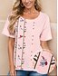 cheap Women&#039;s T-shirts-Women&#039;s Summer Tops 100% Cotton Floral Work Casual Holiday Embroidered Button Pink Short Sleeve Daily Ladies Casual Round Neck Autumn / Fall Spring &amp; Summer