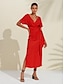 abordables robe décontractée-Robe midi portefeuille froncée en lin tencel pour femme orange rouge col en V