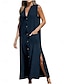 Χαμηλού Κόστους σχέδιο βαμβακερά &amp; λινά φορέματα-Γυναικεία Καθημερινό φόρεμα Βαμβακερό καλοκαιρινό φόρεμα Μακρύ φόρεμα Λινό Κουμπί Τσέπη Βασικό Καθημερινά Λαιμόκοψη V Αμάνικο Καλοκαίρι Άνοιξη Μαύρο Βαθυγάλαζο Σκέτο