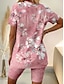 preiswerte Zweiteilige Anzüge für Damen-Damen T Shirt Shorts-Sets Blumen Casual Bedruckt Rosa Kurzarm Modisch V Ausschnitt Sommer