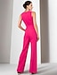 cheap Mother of the Bride Pantsuits-Two Piece Jumpsuits Mother of the Bride Dress Wedding Guest Elegant Wrap Included Jewel Neck Ankle Length Stretch Chiffon 3/4 Length Sleeve with Bandage 2024
