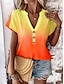 baratos T-Shirts de mulher-Mulheres Camiseta Âmbar Cores Gradiente Imprimir Férias à moda Manga Curta Decote V Amarelo Verão