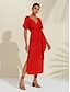 abordables vestido casual-Vestido midi cruzado fruncido con cuello en V rojo naranja de lino tencel para mujer