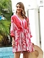cheap Print Dresses-Women&#039;s Swing Dress Plaid Ruched V Neck Mini Dress Bohemia 3/4 Length Sleeve Summer