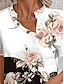 billige T-skjorter til kvinner-Dame T skjorte Blomstret Knapp Trykt mønster Daglig Helg Mote Kortermet V-hals Hvit Sommer