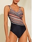 cheap Designer Swimwear-Floral Triangle V Neck One Piece Swimsuit