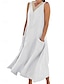olcso design pamut és len ruhák-Női Fehér ruha Pamut vászon ruha Swing ruha Maxi hosszú ruha Zseb Alap Napi V-alakú Ujjatlan Nyár Tavasz Fekete Fehér Sima