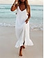 abordables robes unies-robe blanche Robe casual Robe d&#039;été Femme robe longue A Volants Plein Air Vacances Rendez-vous Vêtement de rue Maxi Col V Sans Manches Ample Noir Blanche Jaune S M L XL 2XL