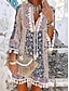 cheap Print Dresses-Women&#039;s Casual Dress Floral Geometric Tassel Fringe Print Split Neck Mini Dress Bohemia Ethnic Vacation Summer