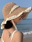 economico Cappelli da donna-elegante cappello di paglia beige / kaki con cordino in pizzo cappelli da sole a tesa larga con volant cappelli da spiaggia da viaggio traspiranti per donne ragazze vacanze estive all&#039;aperto