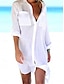 baratos vestidos lisos-Mulheres Vestido branco Minivestido Botão Férias Praia Básico Colarinho de Camisa Manga Longa Preto Branco Azul Marinha Cor