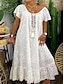 preiswerte schlichte Kleider-Damen Weißes Kleid kleid lang Baumwolle Spitze Rüsche Verabredung Strassenmode Maxi Rundhalsausschnitt Kurzarm Schwarz Weiß Farbe